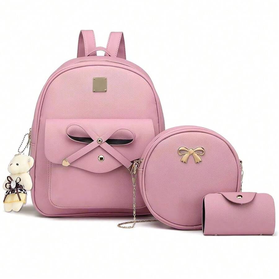 K.E.J. Women Mini Backpack Purse Bowknot Leather Backpack 3-PCS Cute Small Backpack Purse For Women Rucksack For Ladies Shoulder Bag - Pink1 - View 1