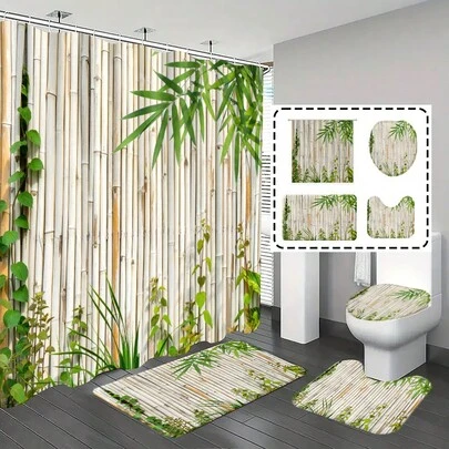 [Popular Choice] 1pc/4pcs Bathroom Shower Curtain Set, Bathroom Decor, Bamboo Pattern Shower Curtain, Plant Themed Bathroom Set, Includes 12 Hooks