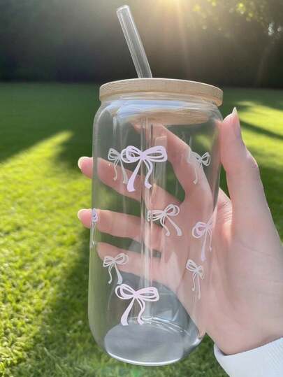 1pc 500ml/16.9oz Reusable Water Bottle With Cute 3D Bow Print, Luxurious Design, Comes With Bamboo Lid And Straw, Suitable For Cold Drinks, Great For Home And Parties, Wonderful Holiday Gift