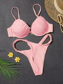 Sultry Sol Đồ bơi nữ, bikini có đệm mút, quần cạp cao gợi cảm, họa tiết rùa biển, màu vàng nhạt, trang phục đi biển mùa hè, màu hồng. - Hồng - Xem 6