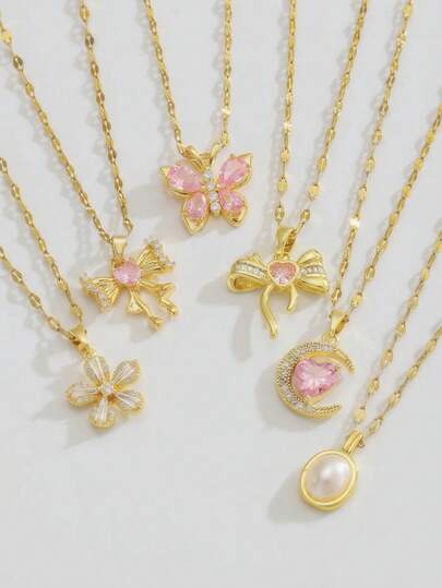 1件优雅时尚复古蝴蝶花朵蝴蝶结月亮7款吊坠金色不锈钢项链，适合女性、女孩，可送给女友、妈妈、家人、朋友，适合周年纪念、情人节、母亲节、生日、日常佩戴、婚礼、派对等场合。