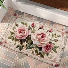 Tapete de entrada com estampa de rosas em estilo campestre francês (1 peça), em flanela com renda europeia, antiderrapante e absorvente, ideal para hall de entrada, banheiro e diversos ambientes. Lavável à máquina e adequado para uso interno e externo. - Multicolorido - Ver 2