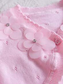 Girls Casual Knit Embroidered Hollow Long Sleeve Short Cardigan, Lightweight Sheer Bolero Jacket - Pink - View 4