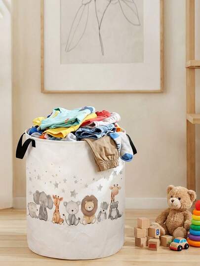 1pc Foldable Round Storage Basket With Handles, Cute Animal Pattern, Large Capacity Multi-Purpose Storage Bin For Nursery, Baby Diaper, Clothes, Toys And Accessories Organization