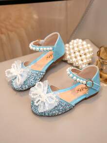 Girls School Flat Sandals Bow Color Diamond Pearl Toddler Princess Sandals - Blue - View 5