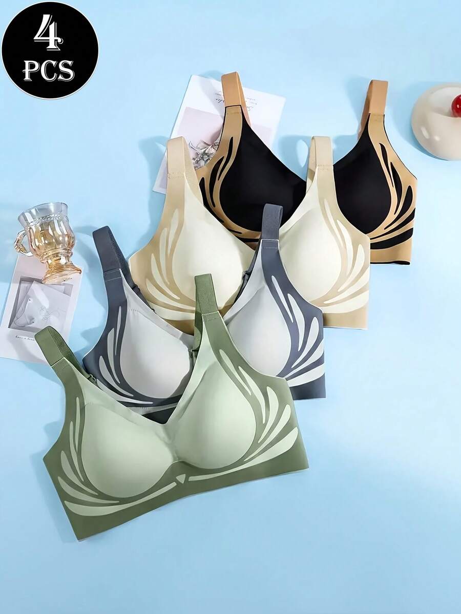 4-Piece Women's Comfortable And Breathable Color-Blocked Sports Bra Set, Bralettes For Women,Bras For Women,Full-Cup Warm Bra, Lifts And Flattens The Abdomen, Side Shaping, Suitable For Yoga.  Powerful Push Up Seamless Bra Powerful Anti-Sagging Super Gather Wireless Underwear Bra - 彩色 - 查看 1