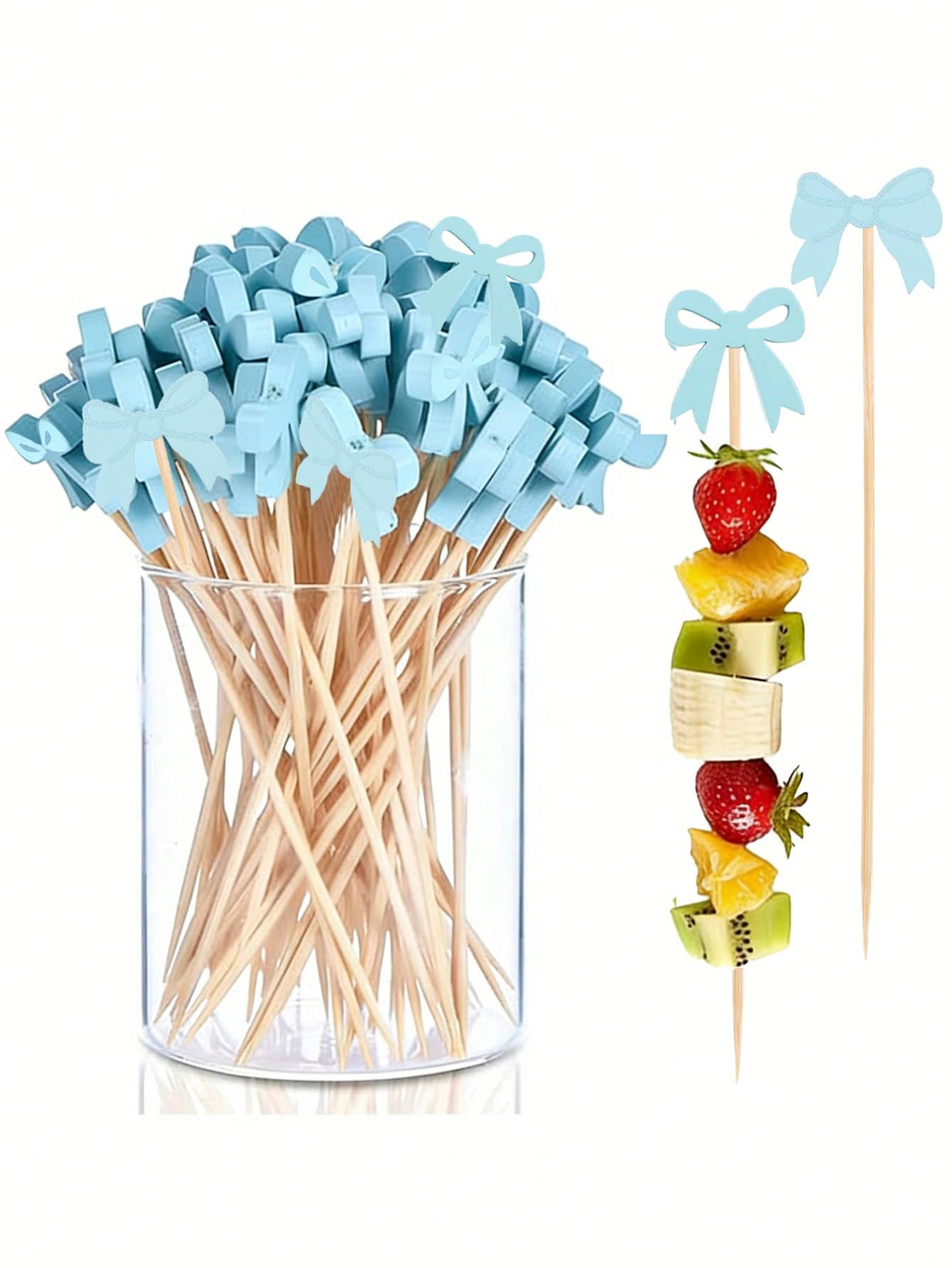 100支5英寸蓝色蝴蝶结牙签，蛋糕签，时尚鸡尾酒签，开胃菜签，非常适合水果、饮料、三明治、甜点、婴儿派对和女孩生日派对装饰。