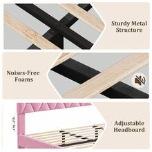 Base de Cama King con Cabecera Tapizada Ajustable, Plataforma Resistente con Soporte de Listones de Madera, Sin Resorte de Caja Necesario y Sin Ruido - Rosa - Ver 7