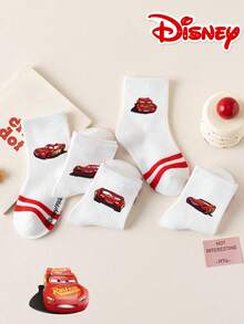 Disney 5双装儿童提花中筒袜，汽车图案，运动黑白双条纹，可爱独特的卡通设计，时尚休闲舒适透气，红色双条纹学生袜，适合日常穿着、返校和节日礼物，袜子 - 彩色 - 查看 6