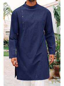 Runcati Mens Kaftan Thobe Robe Long Sleeve Cotton Henley Shirt Casual Muslim Gown Salwar Kurta - màu xanh nước biển - Xem 6