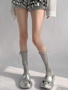 1 Pair Women's Sheer Knit White Slouchy Socks - Lace Trim Tie-Up Loose Leg Warmers, Y2K Aesthetic Knee-High Socks, Suitable For Daily Dates And Street Outfits, Pair Perfectly With Mary Jane Shoes - Multicolor - View 3