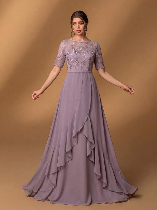 Faeriesty Elegant Gray-Pink Long Dress, Silver Embroidery, Sheer Floral Cuffs, Asymmetric Ruffle Hem, Suitable For Beach Weddings, Garden Parties, Formal Dinners, Galas And More