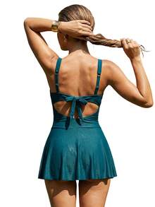 Women's Swim Dress Stylish Solid Color Wide Strap Sleeveless Square Neck Tummy Control Bathing Suit For Beach Pool - Màu xanh ngọc - Xem 2