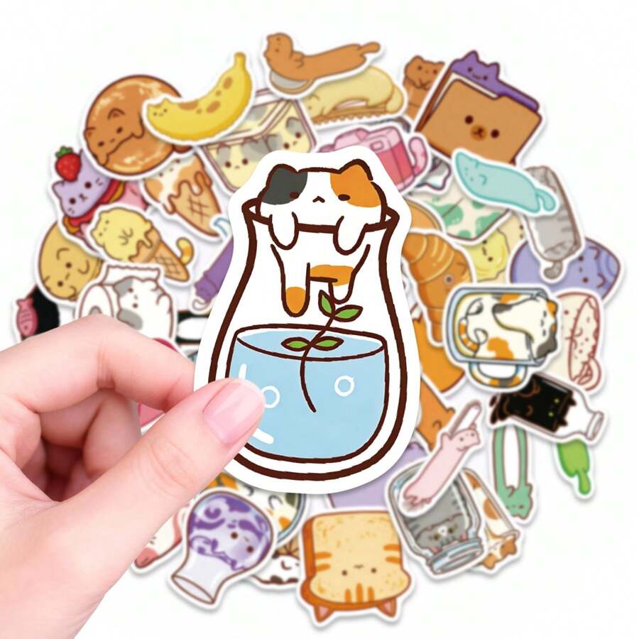 56张可爱猫咪与食物及物品贴纸 - 防水乙烯基贴纸，适用于剪贴簿、手机壳、平板电脑、滑板和DIY工艺品 - 彩色 - 查看 1