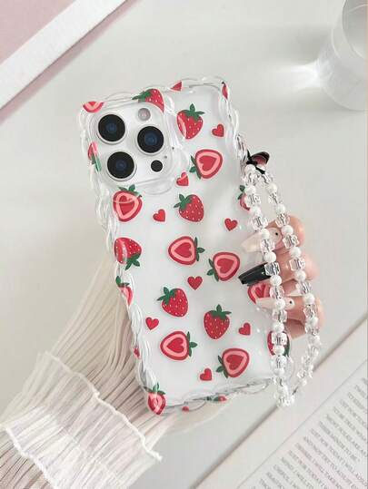 Strawberry Painted Braided Wavy Edge Minimalist High-End TPU Painted Anti-Drop Phone Case With Decorative Beaded Bracelet, Compatible With IPhone 17pro/17Air /17/17promax 16/11/16pro/16plus/16promax/16e/15Promax/13/14/12/XS/XR/7G/8PXR /7/8, Painted Compatible With IPhone 15Promax, 13, 14, 11 Soft Case, P12 Anti-Drop X, Braided Wavy Edge 12/14 Painted TPU Anti-Drop Soft Case Phone Case