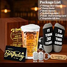 Joybble 30th Birthday Gifts For Men 30th Birthday Decorations Beer Glass In Vintage Box 16oz Personalised Gift Beer Glasses Gift Ideas Presents For Men Funny Socks And Keychain And Bottle Opener - BeerGlass30週年 - 查看 2