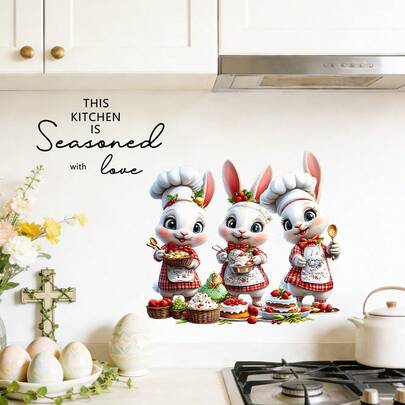 1pc Easter Chef Rabbit Kitchen Wall Stickers, PVC Stickers Self Adhesive Removable, Restaurant Background Wall/Cabinet/Stove Stickers, House Decoration/Easter Party/Studio Decoration