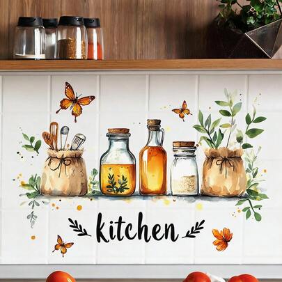 1pc Creative Kitchen Theme Wall Sticker, Featuring Watercolor Plant And Wooden Spoon Shelf Design, Made Of Waterproof And Removable PVC Material, Suitable For Restaurant And Cafe Interior Decoration.