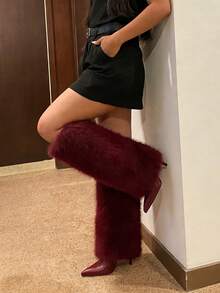 Women's Fluffy Fur Pointed Toe Stiletto Heels Knee High Boots Holiday Vacay Vibe For Elegant Fashionable Boots Spring Summer Party Evening Gala - 酒紅色 - 查看 4