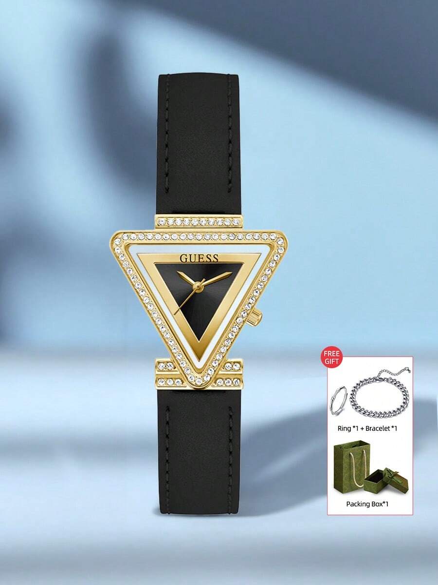 Guess Reloj de pulsera de cuarzo para mujer con tres agujas, elegante y eterno, de moda, resistente al agua, caja triangular/sofá, cristal resistente a los arañazos, GW0504L5 - Negro - Ver 1