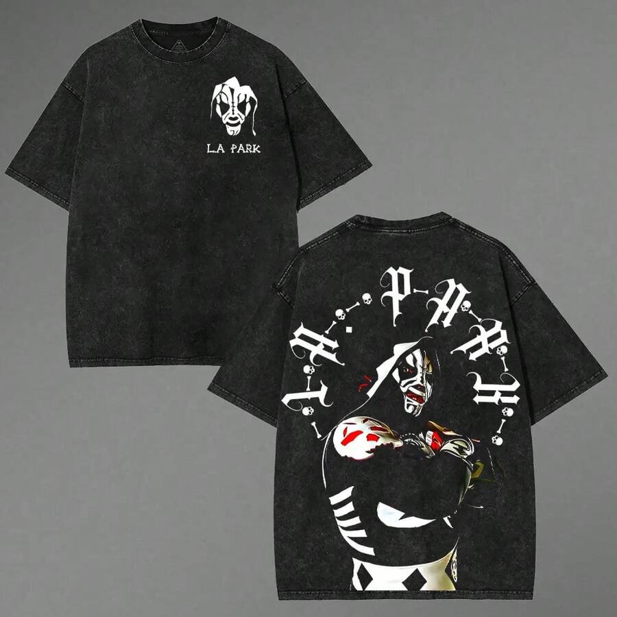 LA PARK – Camiseta gráfica Skeleton King Lucha Libre – Negro lavado – Fuente gótica – Estilo vintage – Unisex – Manga corta – Todas las estaciones – Edición de coleccionista - Negro - Ver 1