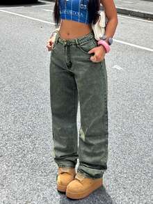 Women's Casual Light-Washed Wide-Leg Jeans, Suitable For Daily Wear Spring - Retro Blue - View 4