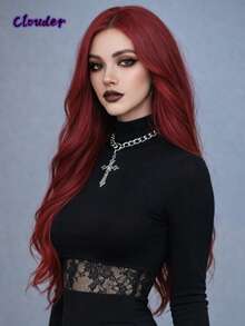 clouder Gothic Punk Burgundy Long Wavy Curls Wig 26-Inch Center-Parted Bangs Heat-Resistant Synthetic Fiber Wig Women's Soft Voluminous Curls Suitable For Daily Cosplay, Street Style, Holiday Parties, Music Festivals, Y2K Aesthetic, Avant-Garde College Style, Modern Fashion Punk Looks - 紅色 - 查看 3