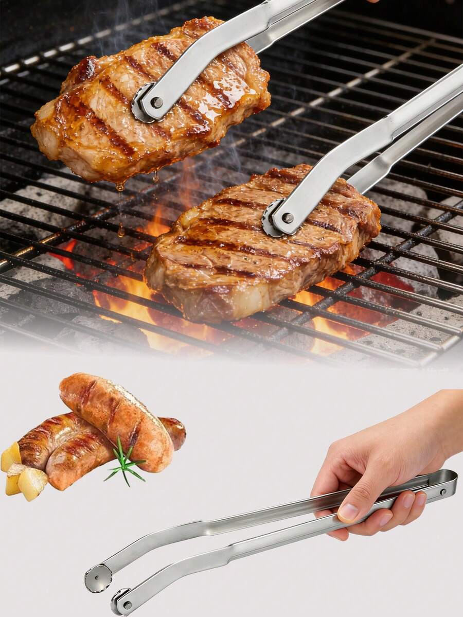 Kẹp gắp xúc xích nướng BBQ bằng thép không gỉ, kẹp xúc xích nóng, kẹp nhà bếp cán dài dùng cho nướng BBQ, thích hợp để lật thịt xông khói, bít tết, thịt và rau củ, kẹp nướng BBQ. - Một kích cỡ phù hợp cho tất cả - Xem 1