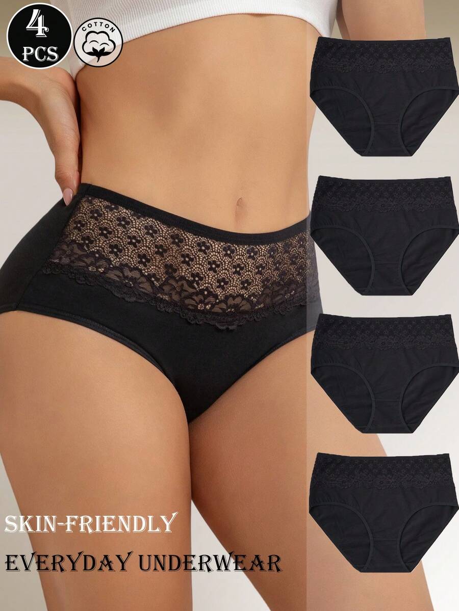 4pcs Embroidered Floral Lace High-Waist Women's Panties - Black - View 1