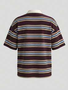 女士休闲宽松条纹 Polo 衫 T 恤，翻领设计，夏季街头风，适合约会和休闲场合。 - 棗紅桔藍條紋 - 查看 5