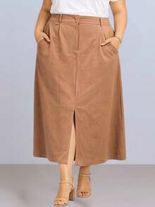 Saia Midi Feminina Plus Size com Fenda na Frente Cintura Alta Alfaiataria Sensorial Marrante - Caramelo - Visão 1