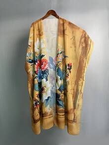 优雅夏季印花雪纺波西米亚风和服罩衫，沙滩旅行度假女士长款浴袍披肩沙滩防晒罩衫 - 卡其色 - 查看 6