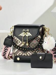 Mini Phone Bag Set - Fashionable Printed Shoulder Crossbody Bag - Black - View 11