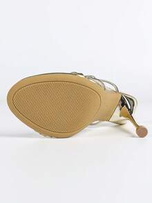 Women's Gold Thin Strap Criss-Cross Strappy Peep Toe High Heel Sandals, Elegant & Sexy Style For Summer - Gold - View 9