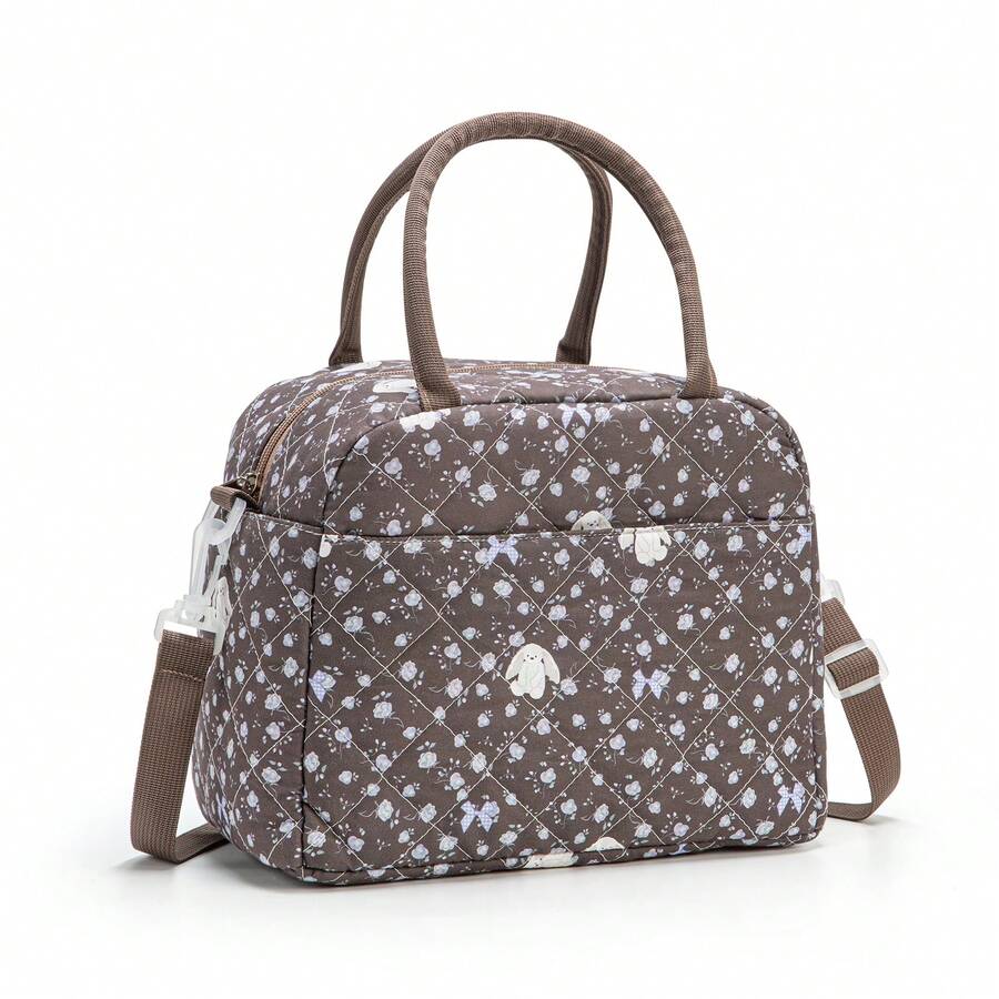 1pc Floral Pattern Insulated Lunch Bag, Quilted Thermal Lunch Tote, Food Storage Bag, Quilted Floral Handbag, Reusable Lunch Box, Leak-Proof Lunch Tote, Coquette Stylish Insulated Cooler Bag, Cute Lunch Tote, Large Capacity Reusable Thermal Cooler Bag, Home Storage Bag, Suitable For Work, Picnic Or Travel, School, Christmas Gift, Back To School Season - 兔子花 - 查看 1