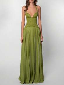Đầm dài ôm sát gợi cảm, thanh lịch với dây đeo mảnh, màu xanh lá cây mùa hè, ren hở lưng, xếp nếp, thích hợp cho các buổi đi chơi, tiệc cocktail và các sự kiện trang trọng. - màu xanh lá - Xem 6