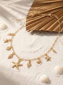 1 pieza Collar con colgante múltiple de estrella de mar, concha y caracol en estilo bohemio, adecuado para uso en vacaciones de verano en la playa y fiestas de mujeres, regalo - Multicolor - Ver 3