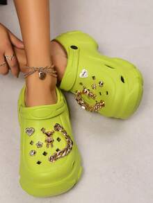 Women's Fashion New Golden Bear Chain Decor Peep Toe High Heels, Free DIY Detachable Accessory Pack Included (Accessory Pack Not Eligible For Quality After-), Suitable For Banquet, Ball, Party, Work, Daily Activities, Outdoor, Casual, Personalized High Heels, Peep Toe, Slippers, Sandals - Grass Green - View 4