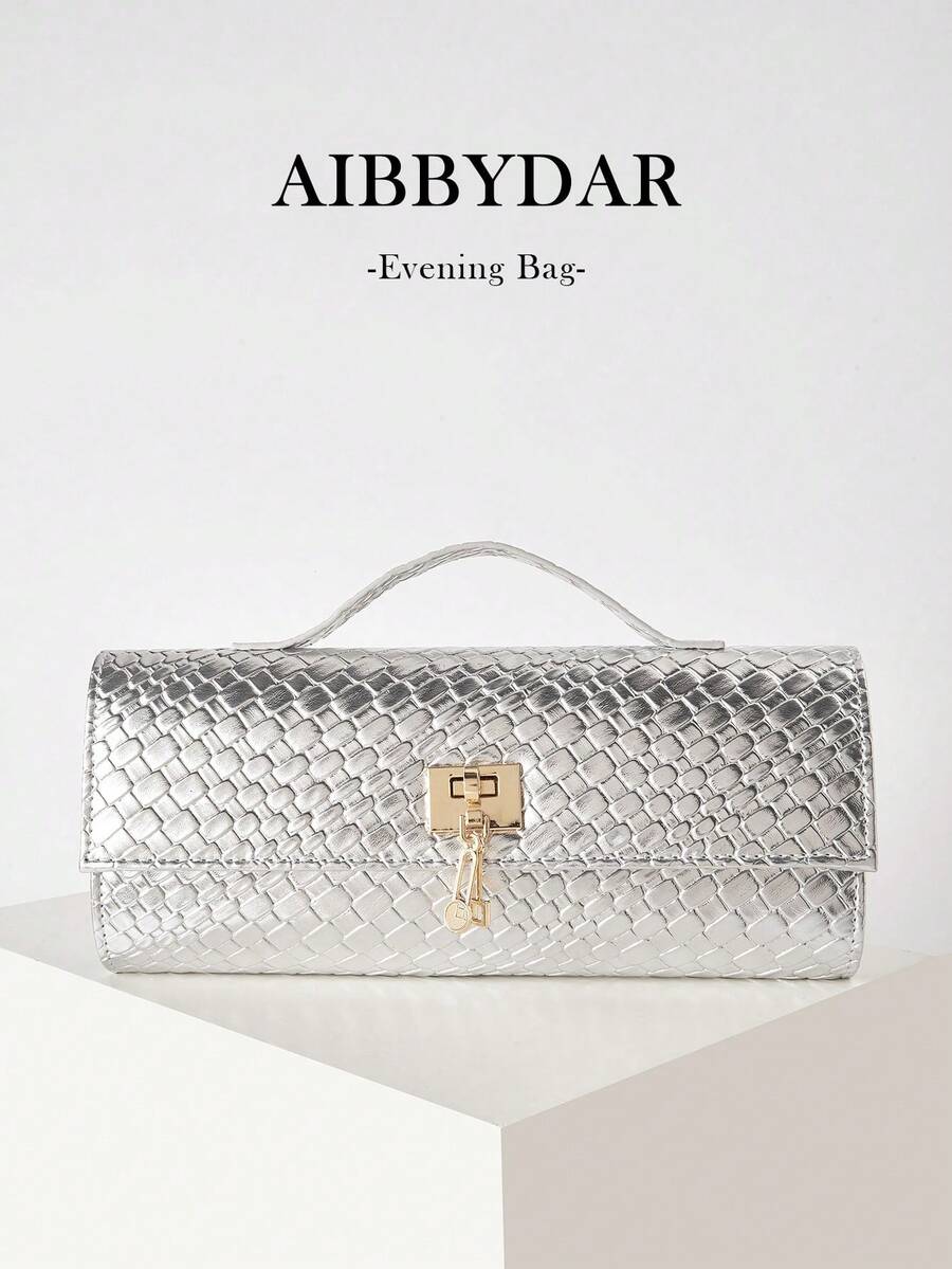 女士晚宴包，银色，奢华闪亮，编织纹理，金属装饰，晚礼服手拿包，法棍包款式，配有可拆卸肩带，适合婚礼、舞会、派对、节日聚会、宴会等场合。 - 銀色 - 查看 1