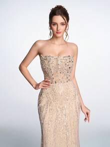 Đầm dạ hội Anymoon sang trọng mạ vàng, chất liệu ren, đính sequin và đá quý, không dây vai, kiểu corset hở lưng, thắt nơ, dáng đuôi cá, phù hợp cho các dịp trang trọng, dự tiệc cưới, dạ hội, lễ tốt nghiệp, thảm đỏ, lễ trưởng thành, tiệc gala. - Rượu sâm banh - Xem 5