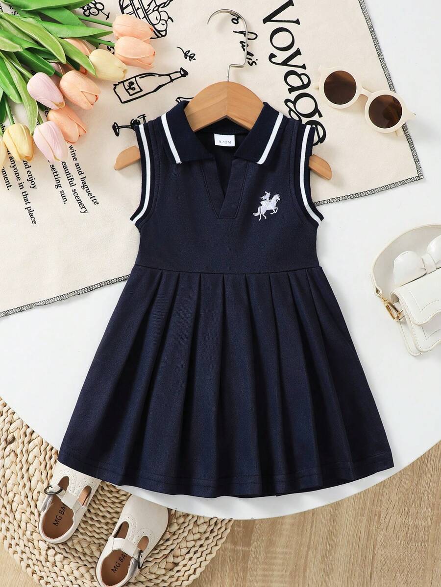 Baby Girls' Summer Preppy Style Versatile Lady Equestrian Embroidery Collar Sleeveless Pleated Dress, Casual Sporty Outdoor Daily Outfit - Royal Blue - View 1