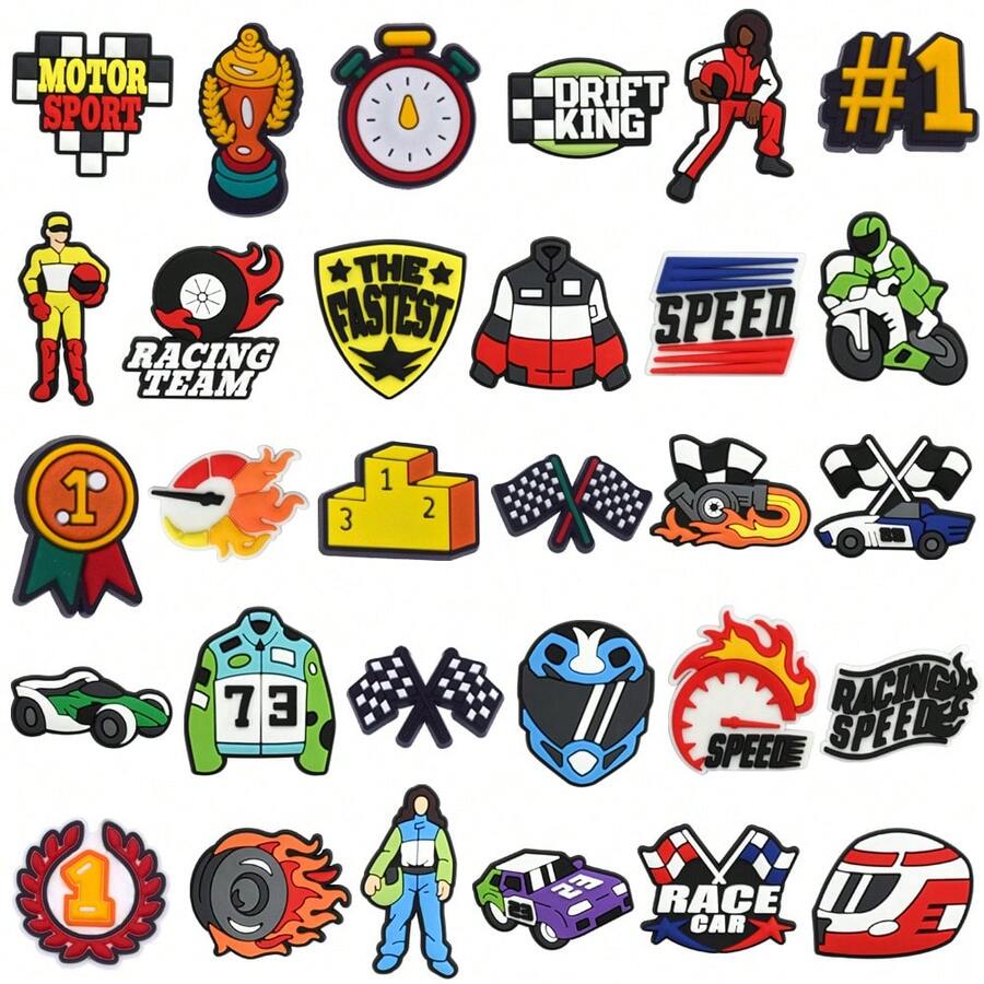 30pcs Plastic Racing Style Shoe Charms, Trophy Timer Racing Suit Podium Helmet Cool Racing Pattern DIY Shoe Accessories - Multicolor - View 1