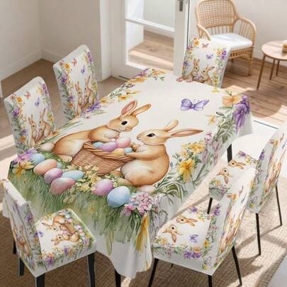 4/5/6/7pcs Easter Chair Cover & Tablecloth Set, Elegant & Fashionable Design With Cute Rabbit And Easter Egg Patterns, Floral Accents On Tablecloth. Practical And Decorative Chair Covers, Ideal For Creating Holiday Atmosphere, Suitable For Restaurants, Hotels And Celebration Occasions, Great Easter Gift.