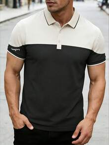 男士拼色短袖翻領 Polo 衫，夏季戶外運動休閒服，送給朋友、丈夫、男朋友和父親的禮物 - 黑色 - 查看 1