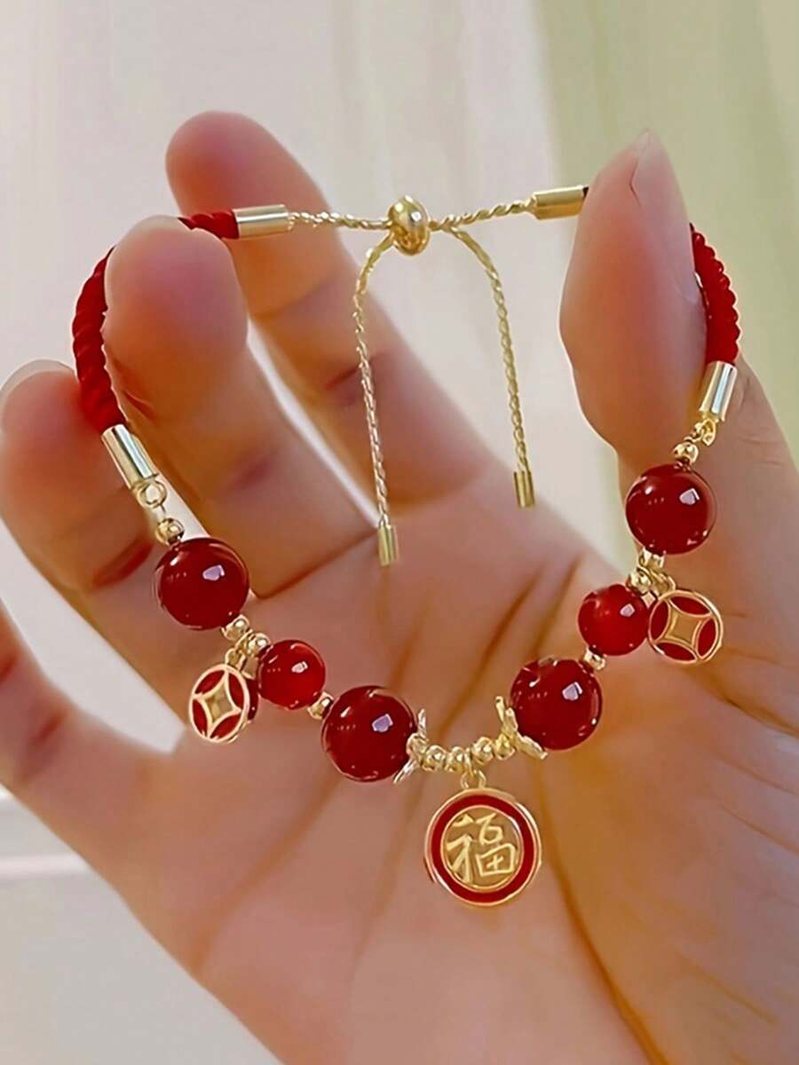 1件优雅红色吉祥结吊坠可调节编织手链，时尚可爱串珠手链，女士款 - 紅色 - 查看 1