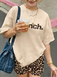 2pcs/Set Teens' Loose Short Sleeve Set, "Bench" Printed Tee And Leopard Print Leggings, Summer Exclusive Short Sleeve Outfit - Multicolor - View 10