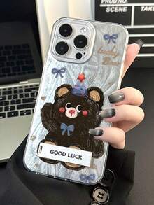 1pc Silver Feather Tulle Cute Cartoon Full Coverage Phone Case With Bow Tie Bear & 3D Metal Stand, Fit For IPhone 11/12/13/14/15/16/17/Pro Max - Silver - View 3