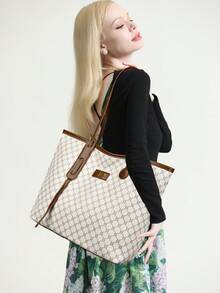 2pcs Set: Fashionable Large Capacity Tote Bag & Wallet, Suitable For Middle-Aged Women - White - View 3