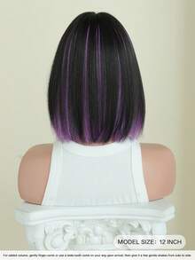 7JHH WIGS Short Black Mix Highlights Purple Bob Wig For Women Short Straight Hair Wig With Bangs, Full Machine Synthetic Heat Resistant Wig For Daily Party Wear, Music Festivals Celebrations & Cosplay Decoration Wigs Accessory 12 Inch - Purple Highlight - View 4