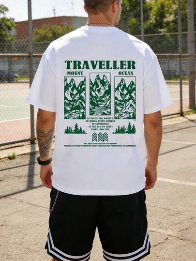 男士时尚休闲T恤，旅行主题海洋山脉印花，轻便舒适，适合作为礼物送给亲朋好友，是户外徒步、日常休闲穿着、运动健身的理想之选，百搭短袖T恤